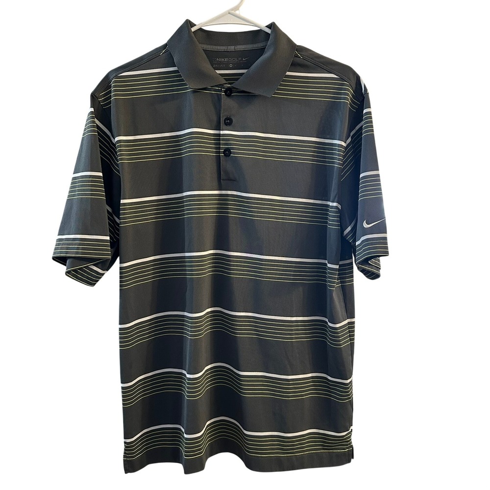 Nike Golf Dri Fit Mens Polo Shirt Gray Stripe Short Sleeve Athletic Size Medium